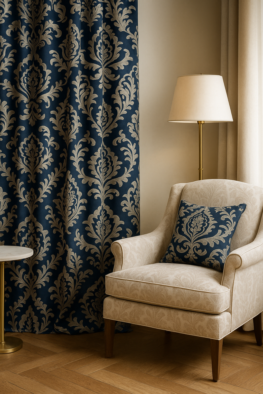 Close-up detail of taupe damask royale fabric