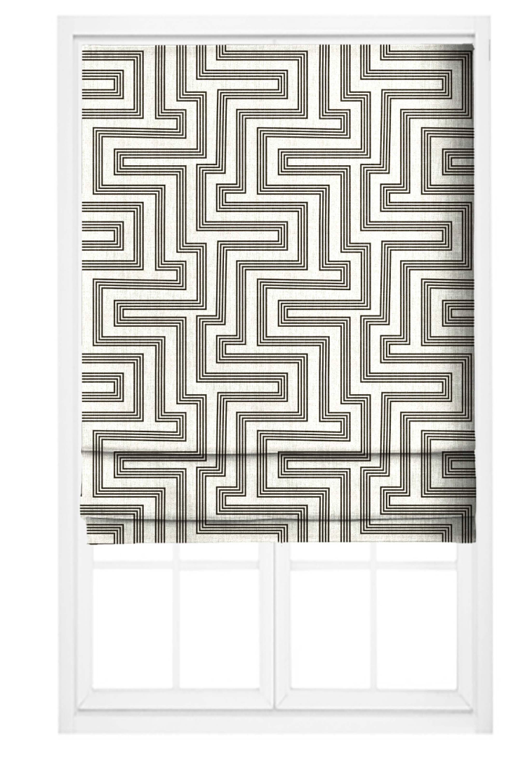 Close-up detail of ivory and black deco maze III fabric