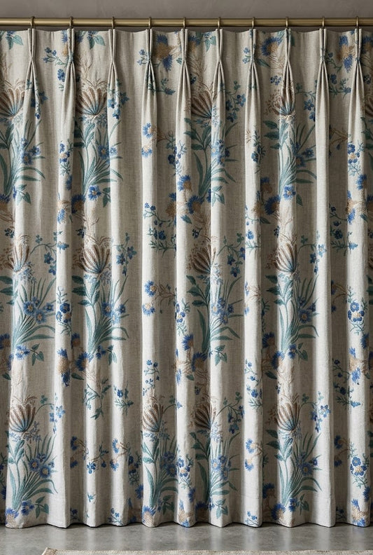 Ivory exotic eden fabric with blue flowers as curtain
