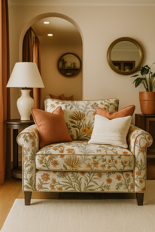 Ivory exotic eden fabric with orange flowers styled detail