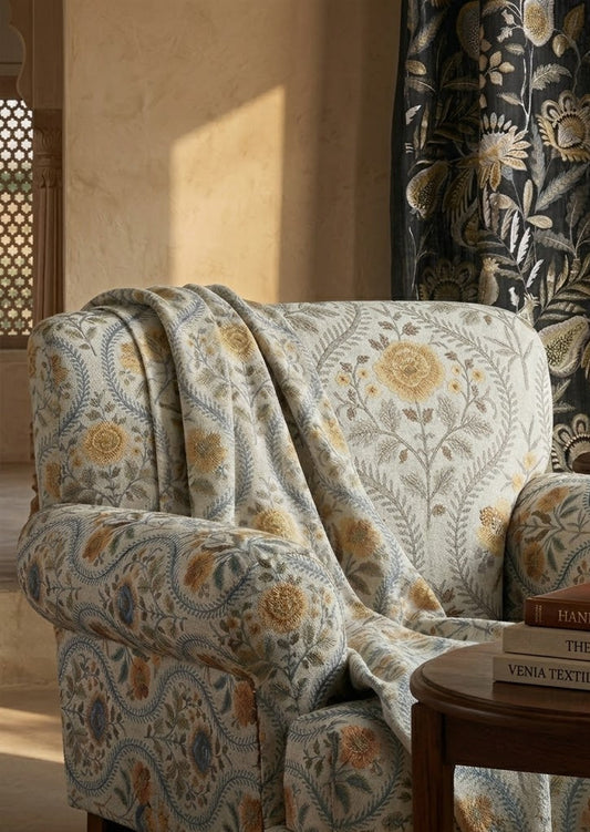 Close-up detail of yellow floral tale fabric