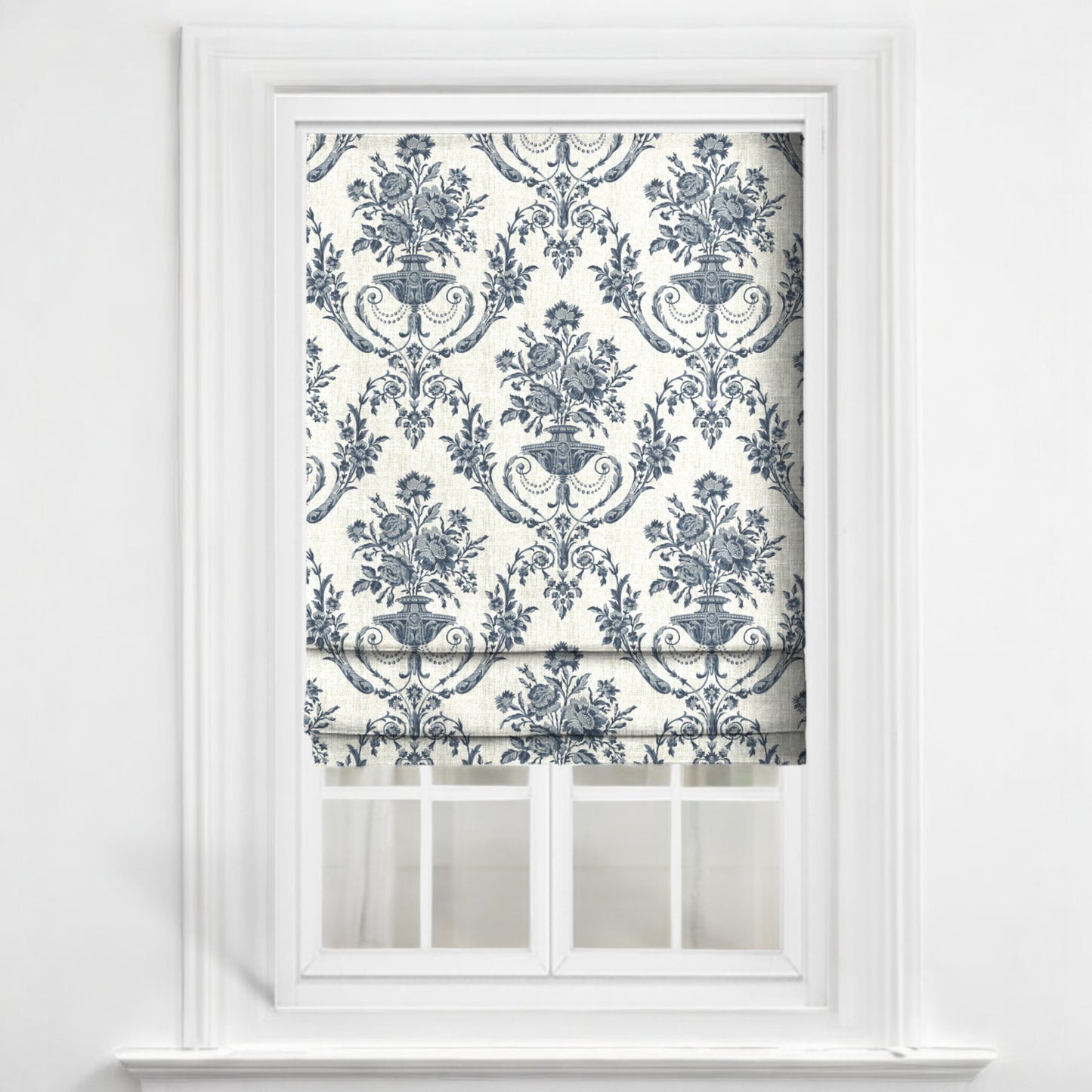 Midnight blue Florentine urn fabric as blinds