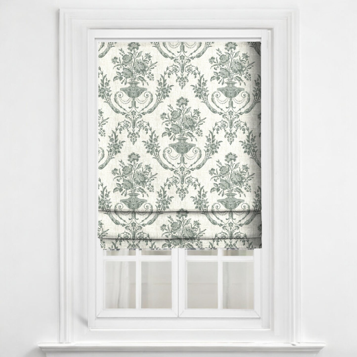 Sage green Florentine urn fabric as blinds