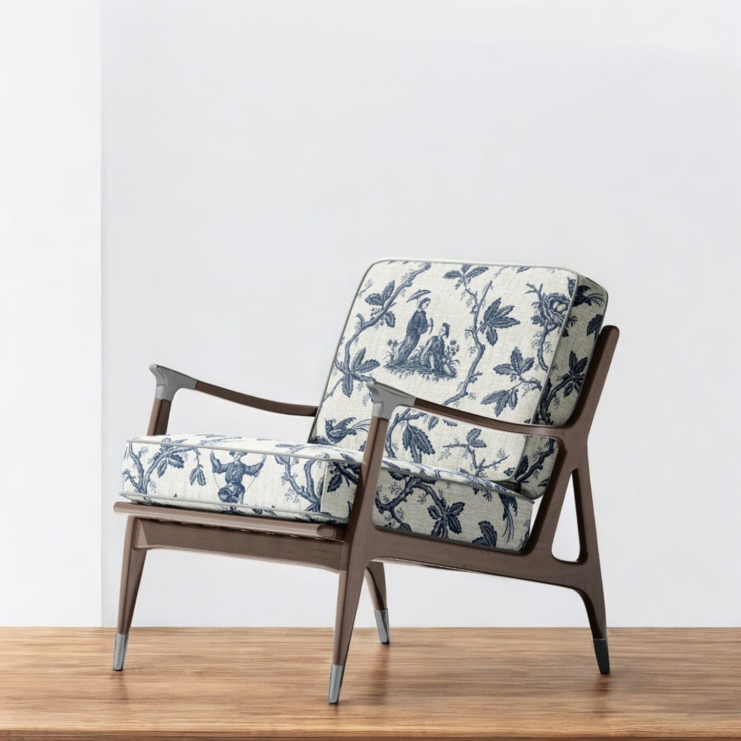 Midnight blue folklore toile fabric on an accent chair