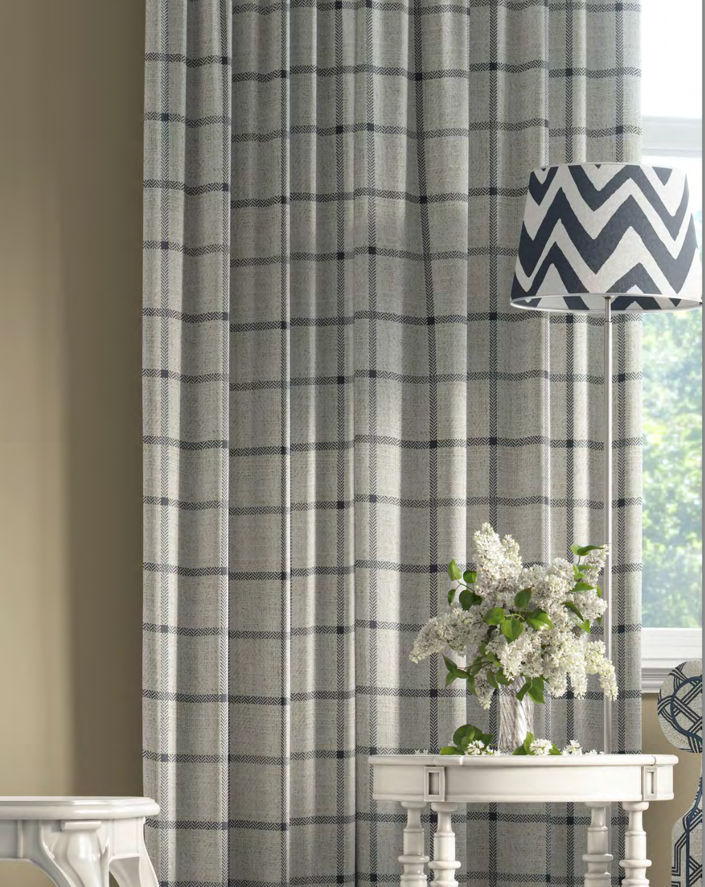 Close-up detail of ivory and navy heritage check fabric