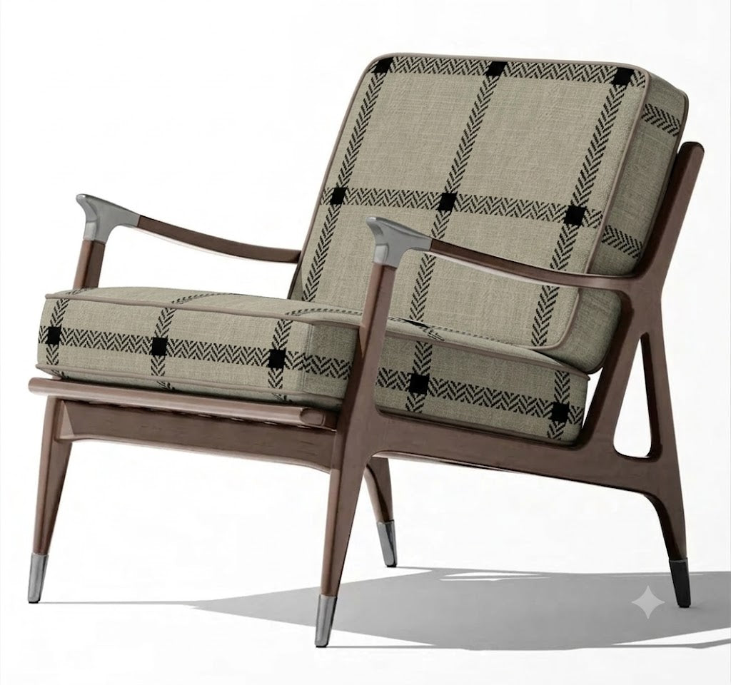 Close-up detail of taupe and black heritage check fabric