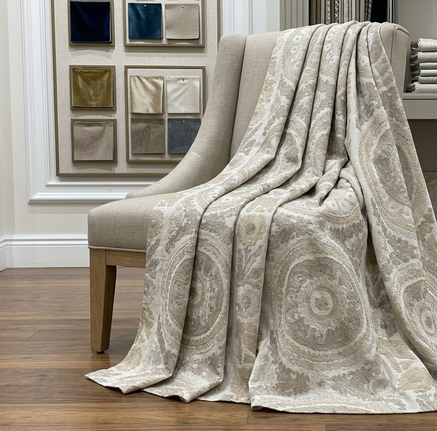 Sunburst Medallion Fabric Ivory Gold – styled interior | Venia Home