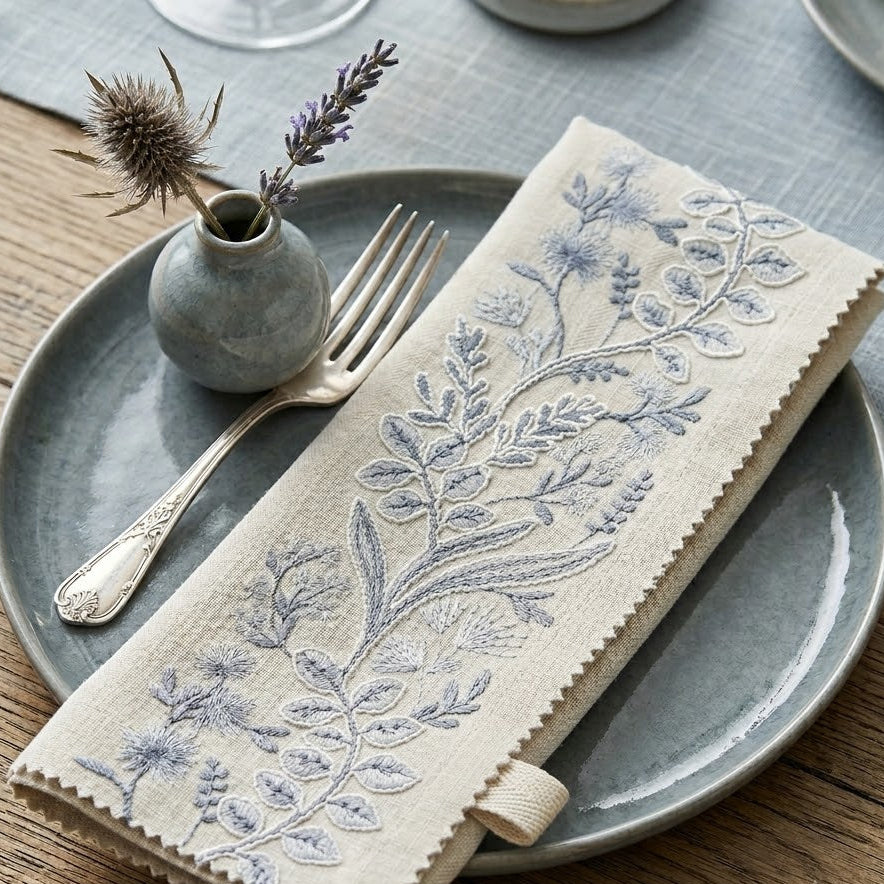 Ice blue bel embroidered trim swatch by Venia Home