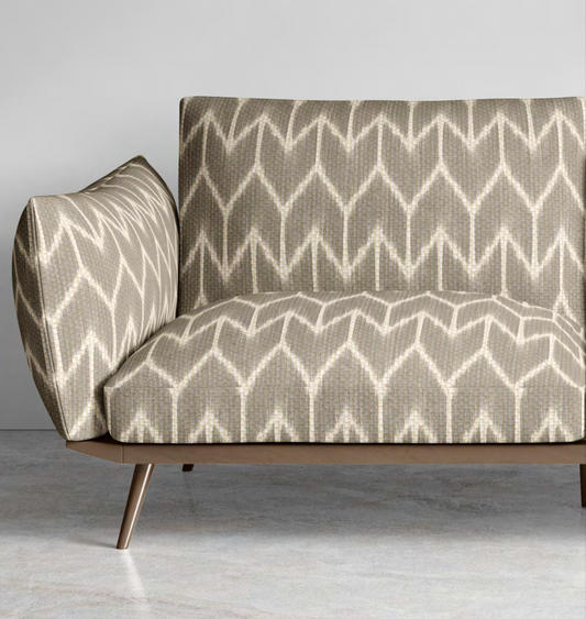 Close-up detail of grey ikat arrowhead fabric