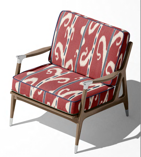 Close-up detail of red ikat scroll fabric