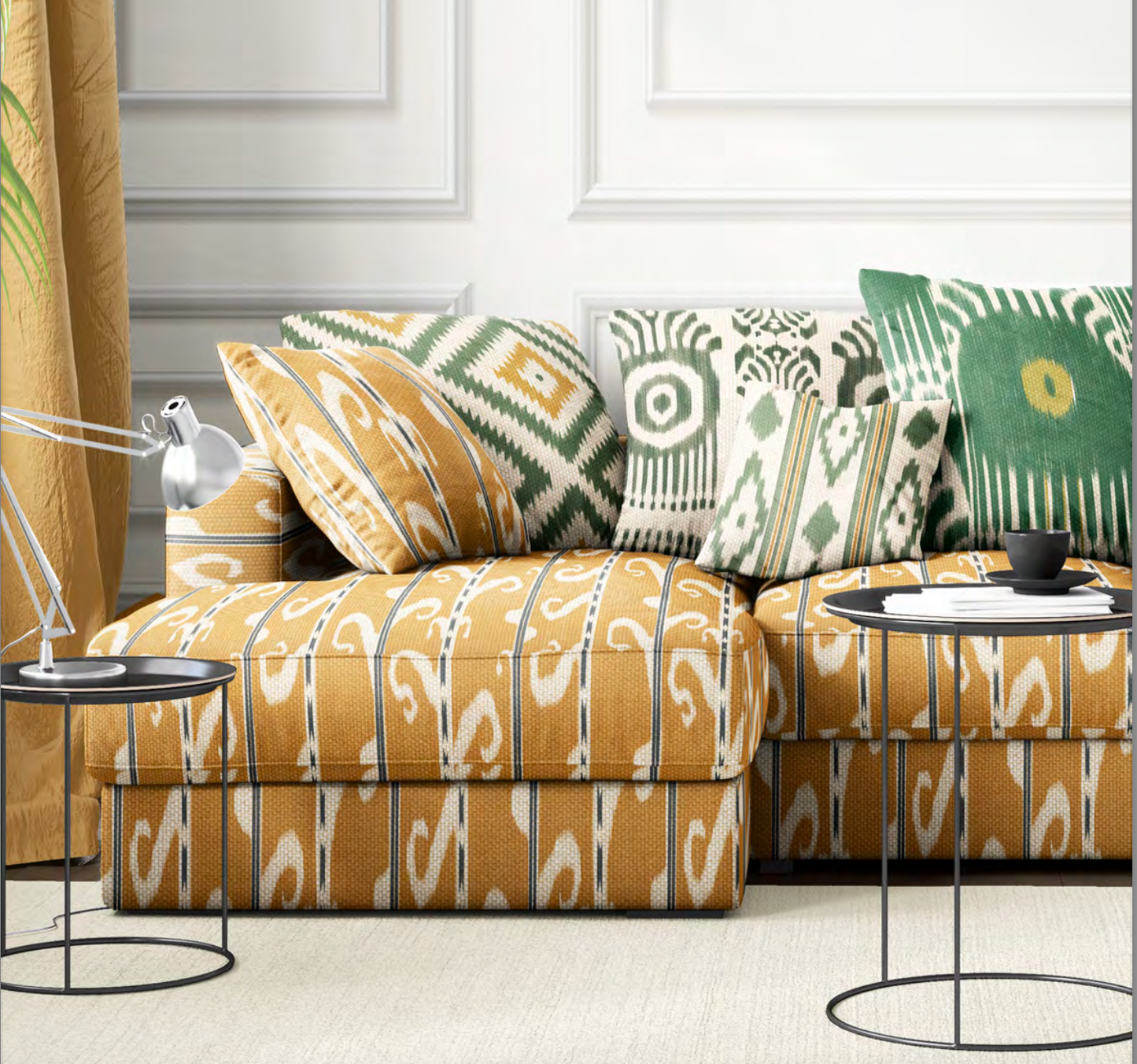 Close-up detail of yellow ikat scroll fabric