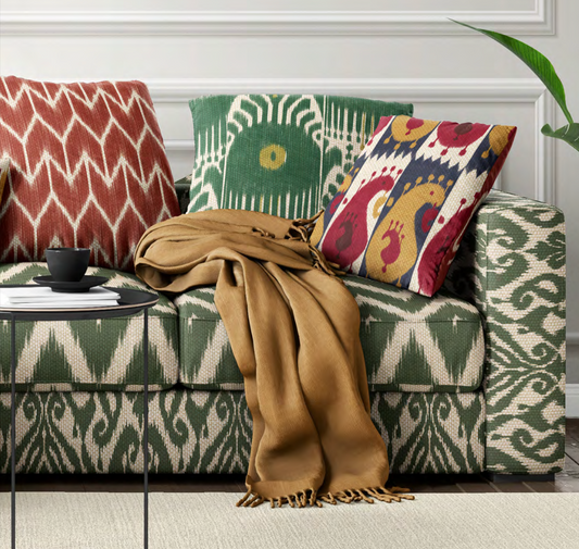 Close-up detail of emerald ikat wave fabric