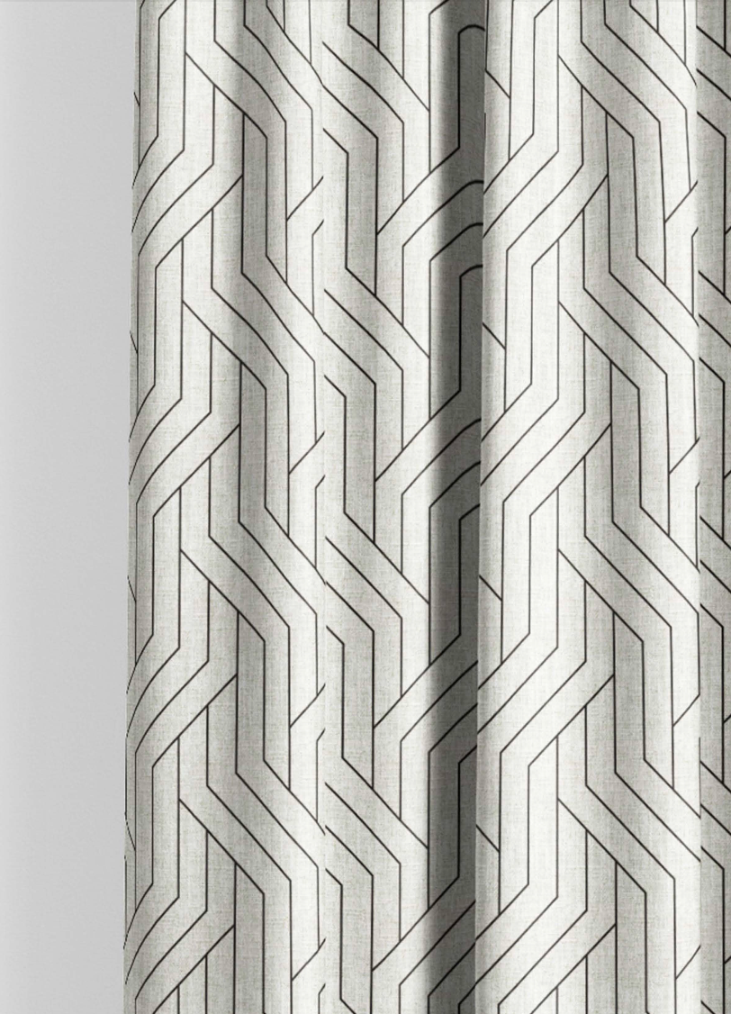 Close-up detail of ivory and black linear weave fabric