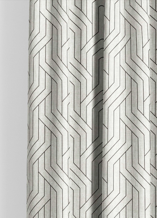 Close-up detail of ivory and black linear weave fabric