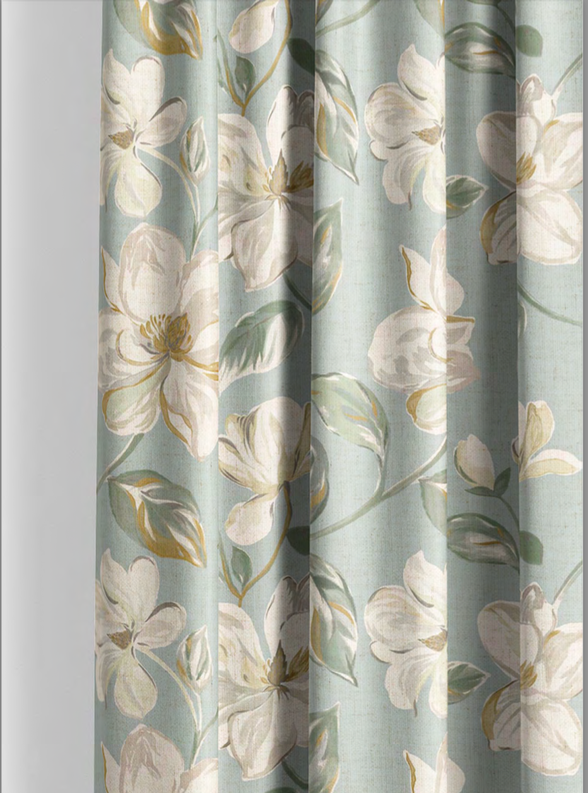 Close-up detail of aqua magnolia bloom fabric
