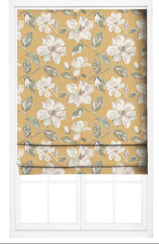 Close-up detail of mustard magnolia bloom fabric