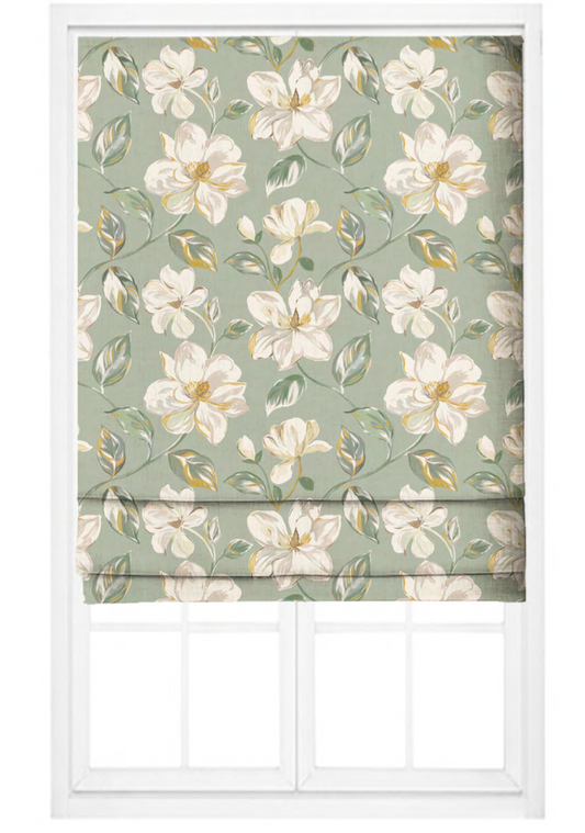 Close-up detail of sage magnolia bloom fabric