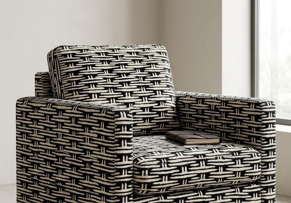 Close-up detail of ivory and black mini basket fabric