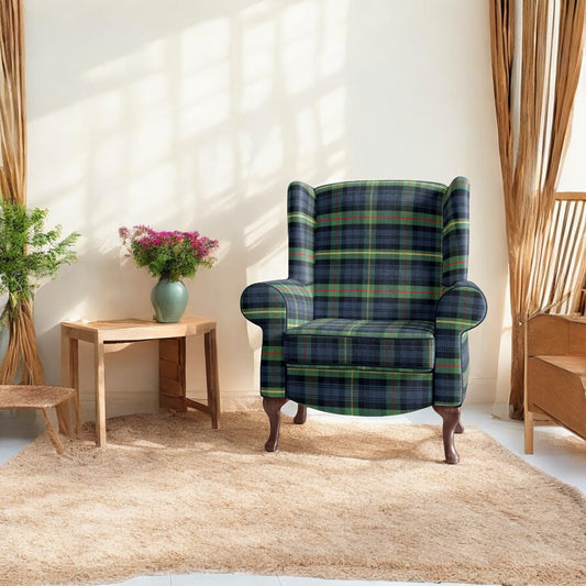 Green and blue modern grid plaid fabric on upholstered chair