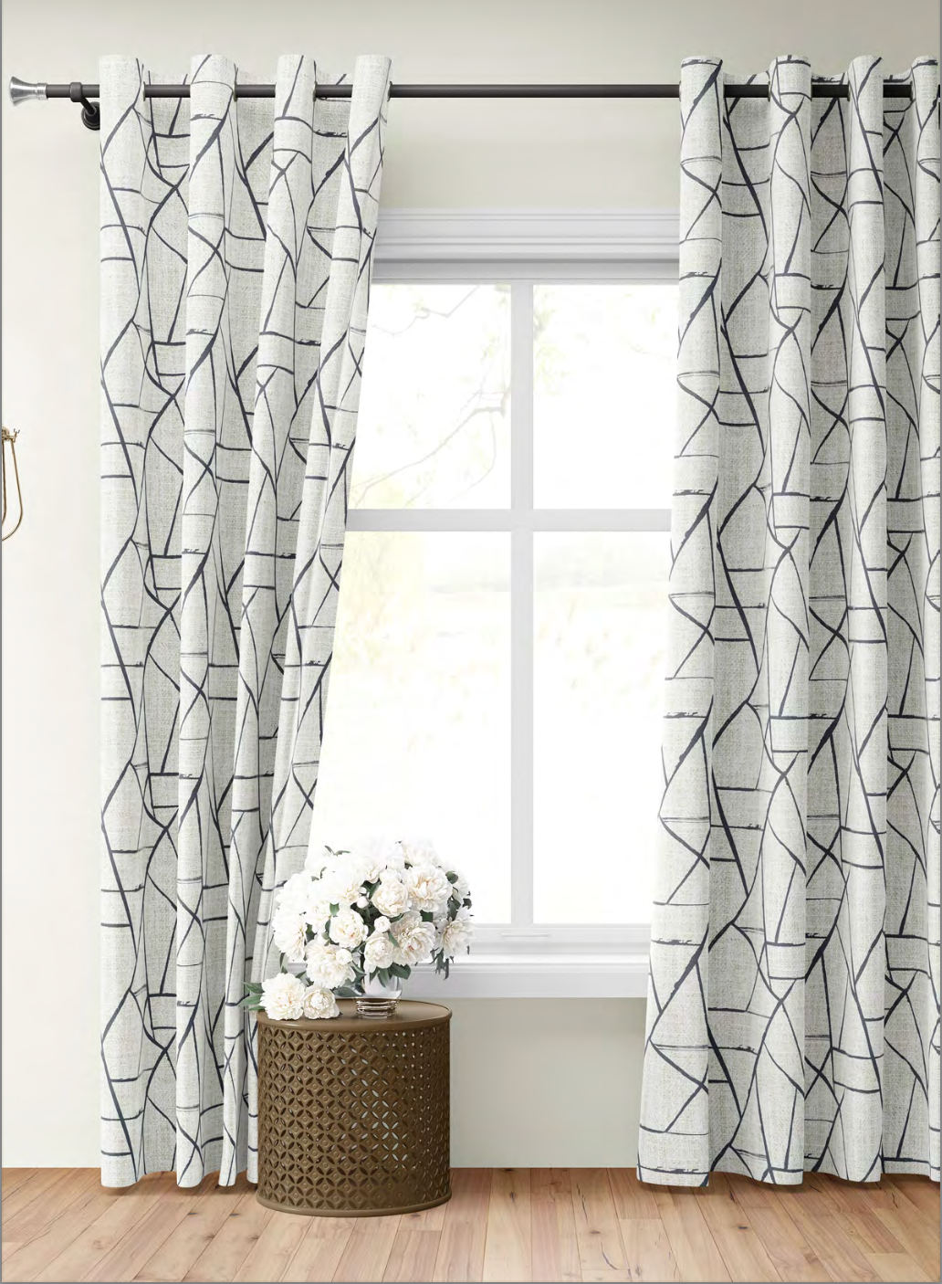 Close-up detail of ivory and navy modern shard fabric