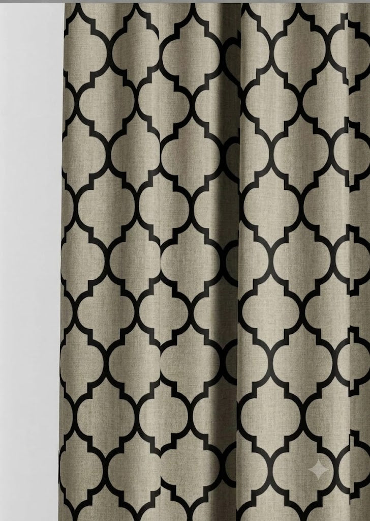Close-up detail of taupe and black Moorish trellis fabric