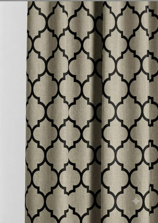 Close-up detail of taupe and black Moorish trellis fabric