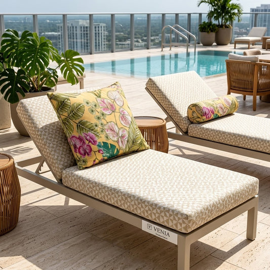 Poolside lounger styled with Venia waterproof outdoor fabric cushions