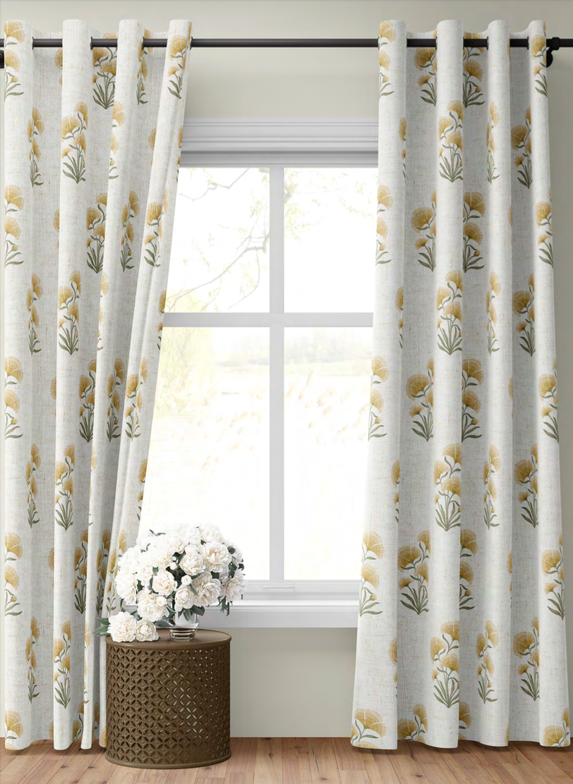 Close-up detail of yellow pansy cluster fabric