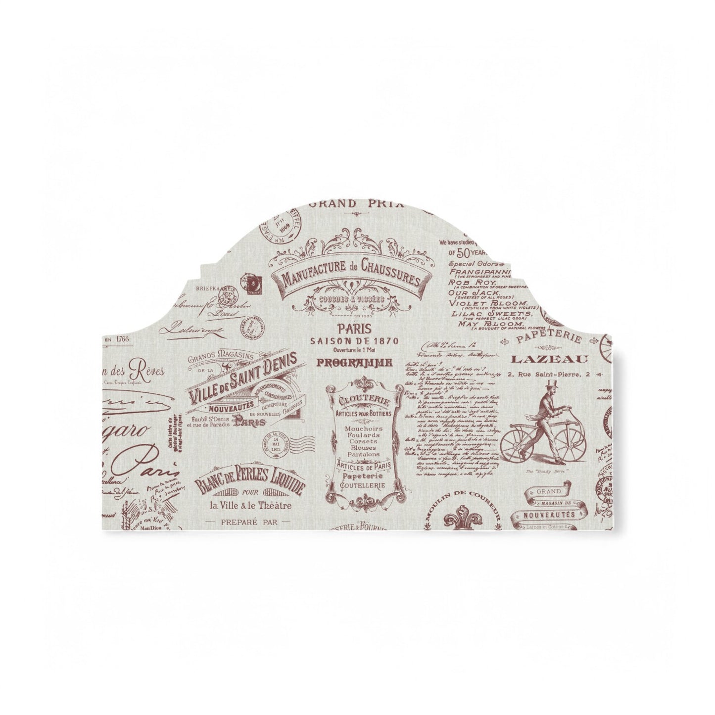 Redwood Parisian script fabric on a headboard