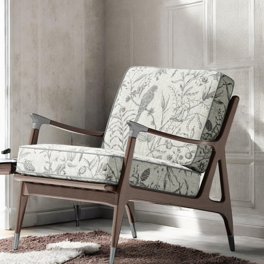Charcoal Perch and Plume fabric on an accent chair