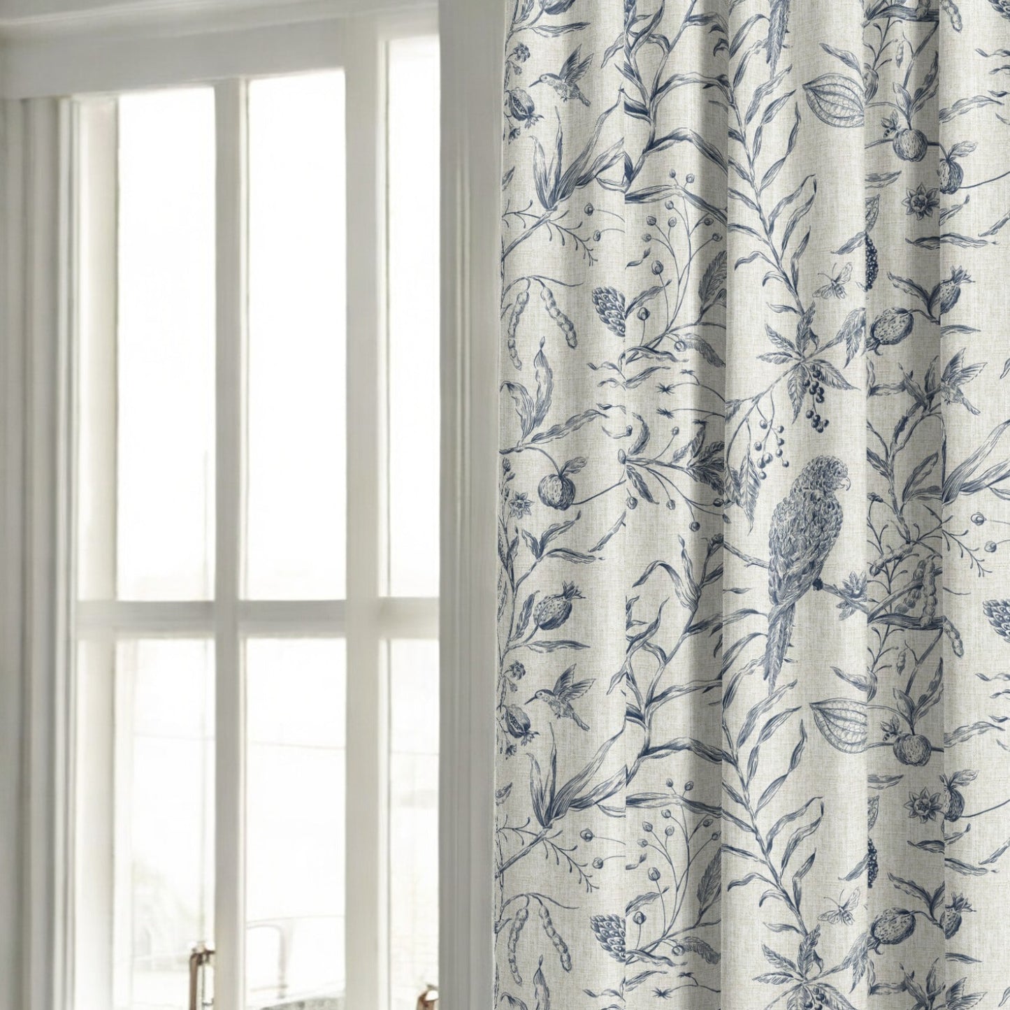 Midnight blue Perch and Plume fabric as curtain