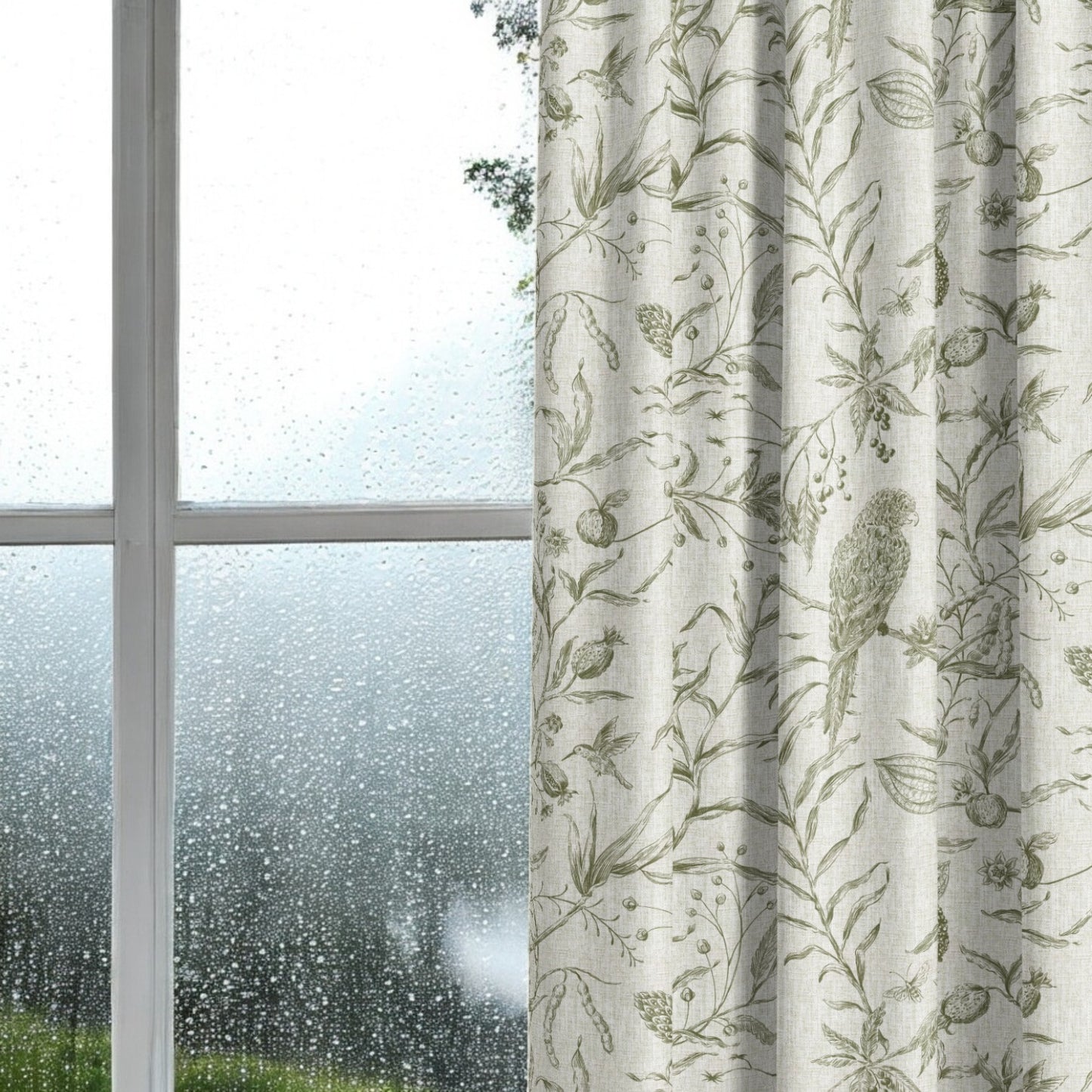 Olive green Perch and Plume fabric as curtain