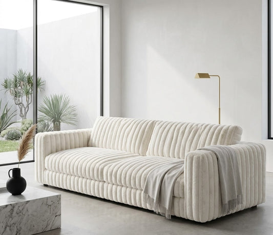 Close-up detail of pearl plush ridges faux fur fabric
