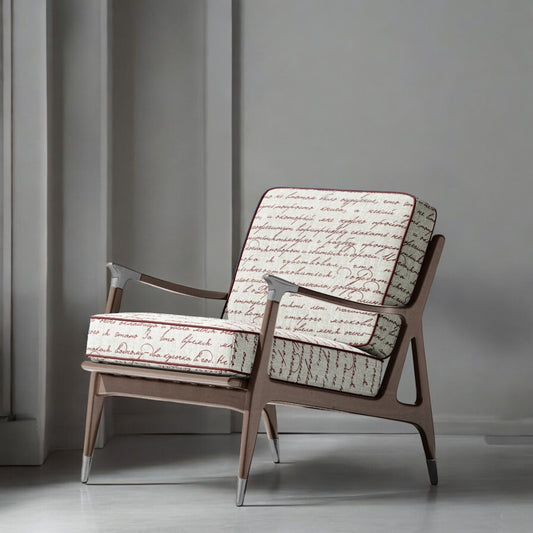 Redwood Poet's Letter fabric on an accent chair