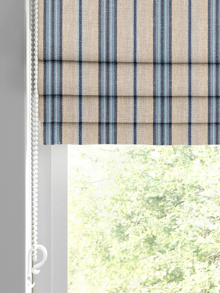 Multi-blue reed stripe fabric as blinds