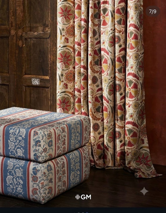 Cobalt regency bloom fabric on a stool