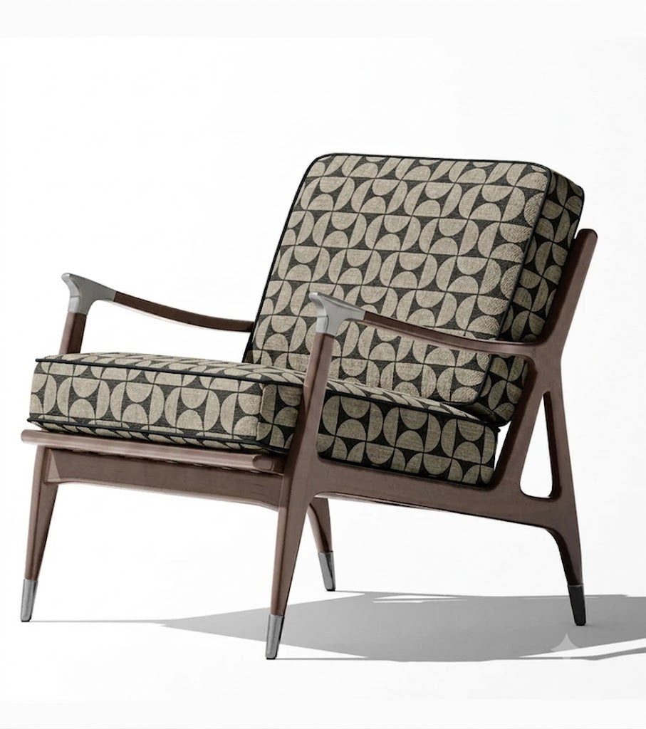 Close-up detail of taupe and black retro grid fabric