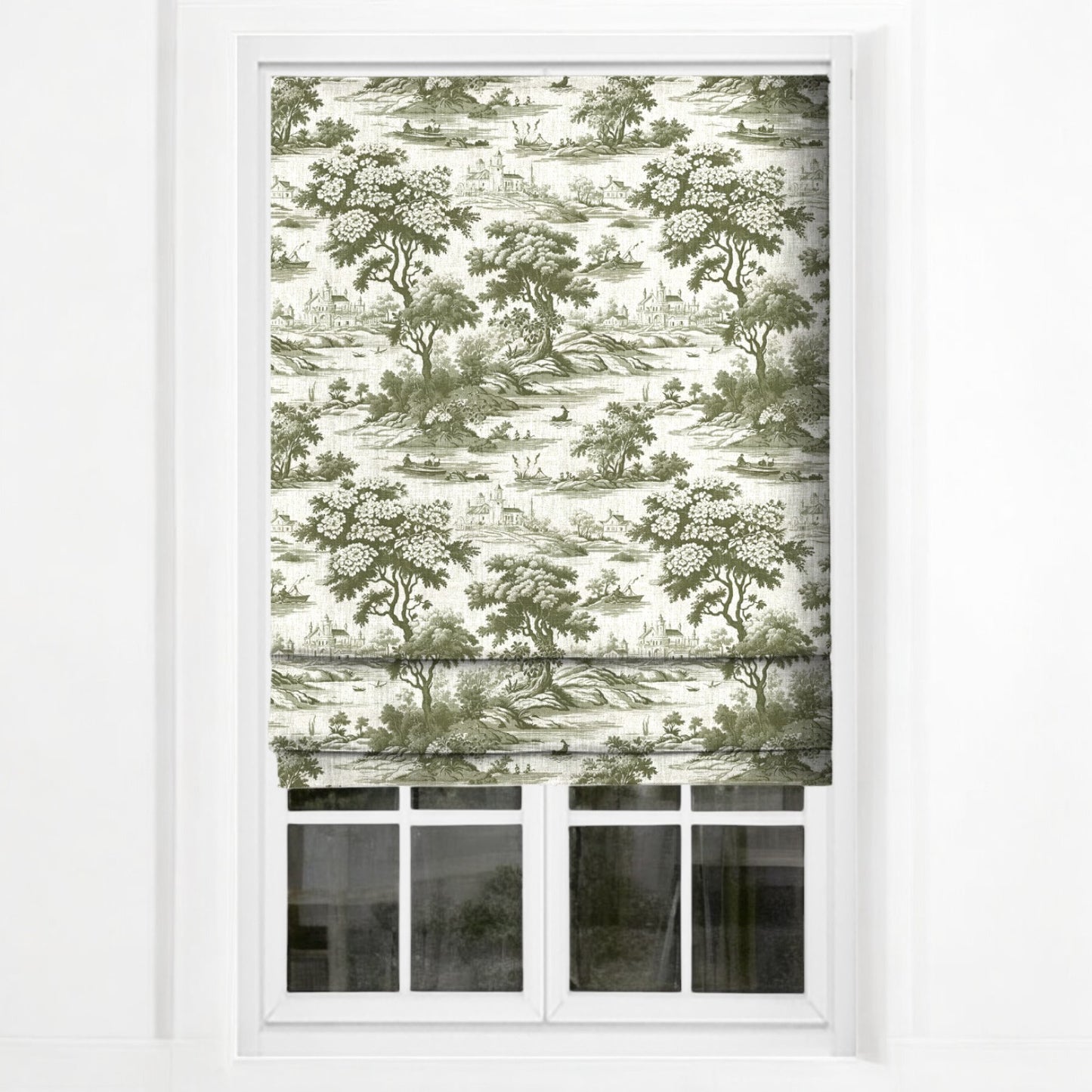 Green riverbend toile fabric as blinds