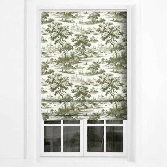 Green riverbend toile fabric as blinds