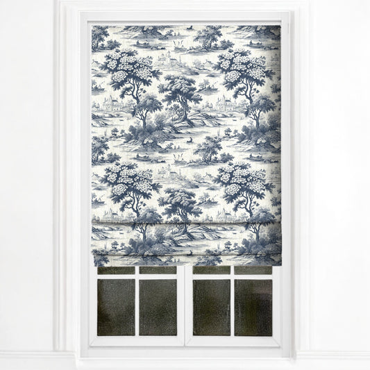 Midnight blue Riverbend toile fabric as blinds