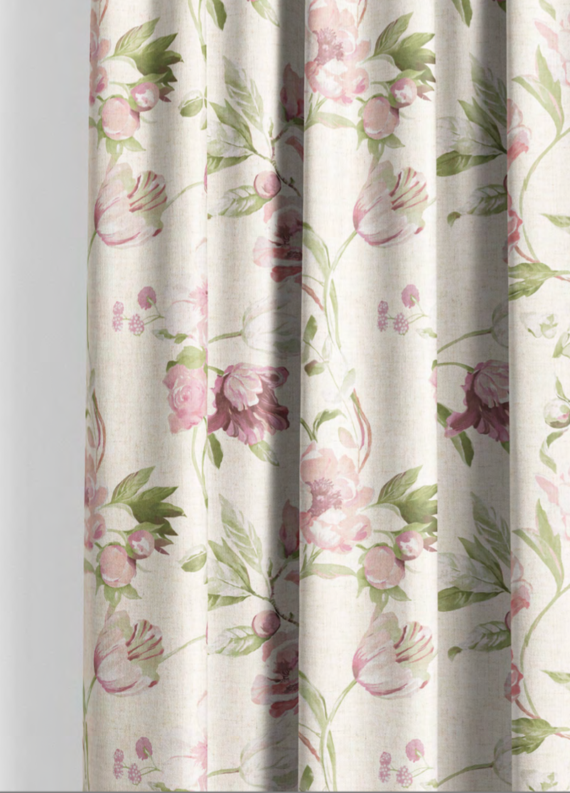 Close-up detail of cream romance bloom fabric with pink flowers