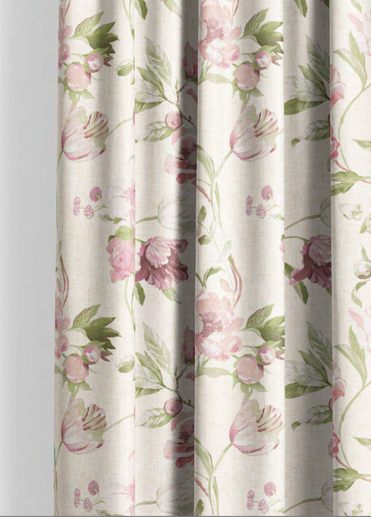 Close-up detail of cream romance bloom fabric with pink flowers