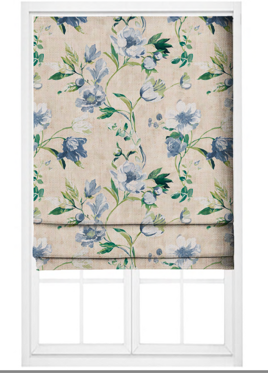 Close-up detail of ecru romance bloom fabric with blue flowers