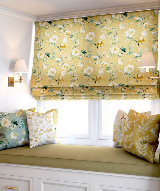 Close-up detail of mustard romance bloom fabric