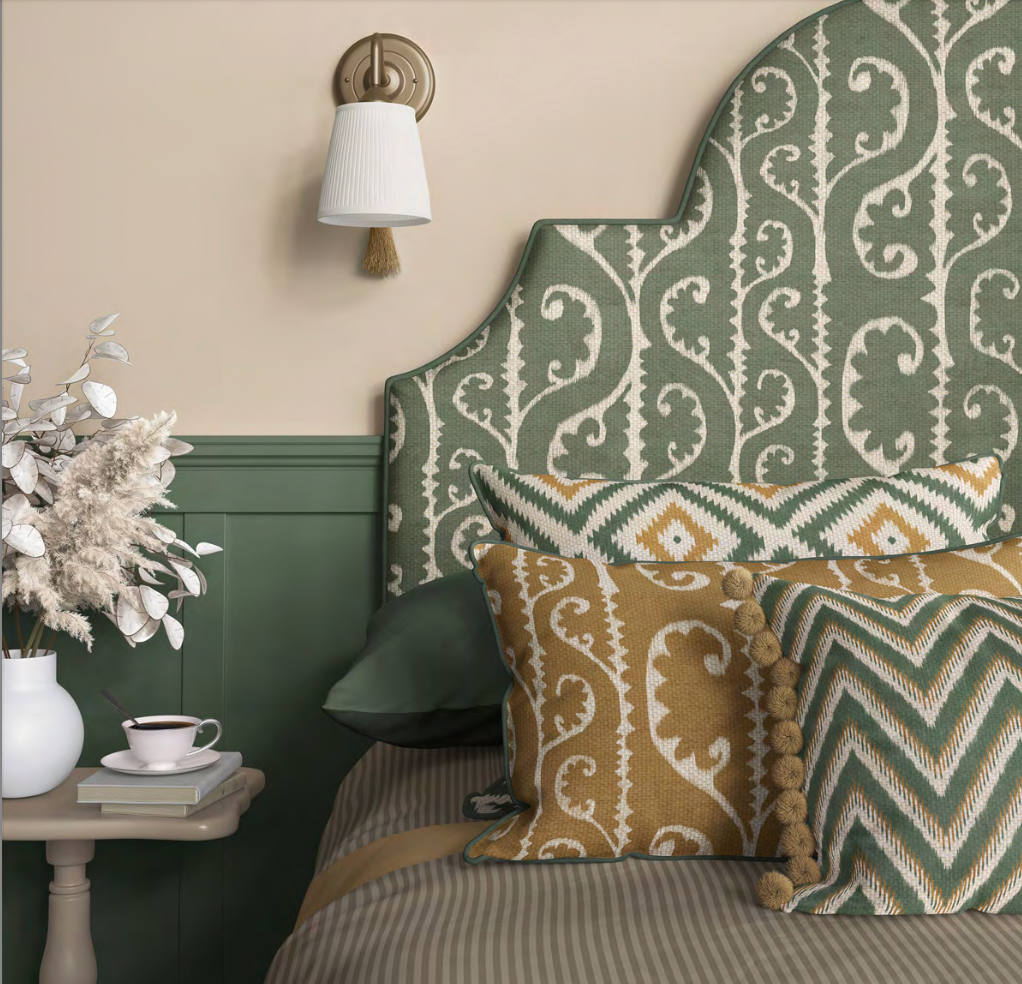 Close-up detail of ochre scrollwork fabric