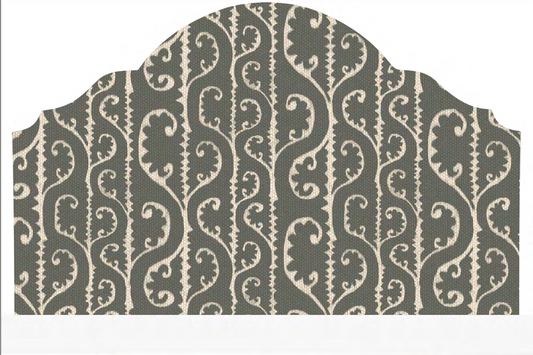Close-up detail of slate grey scrollwork fabric