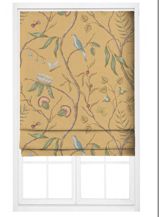 Close-up detail of mustard songbird trail fabric