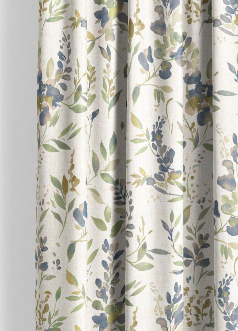 Close-up detail of indigo spring meadow fabric