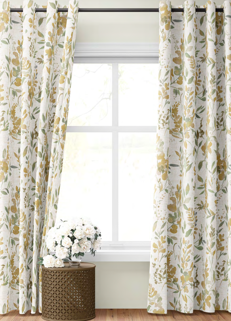 Close-up detail of mustard spring meadow fabric