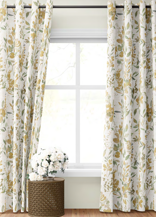 Close-up detail of mustard spring meadow fabric